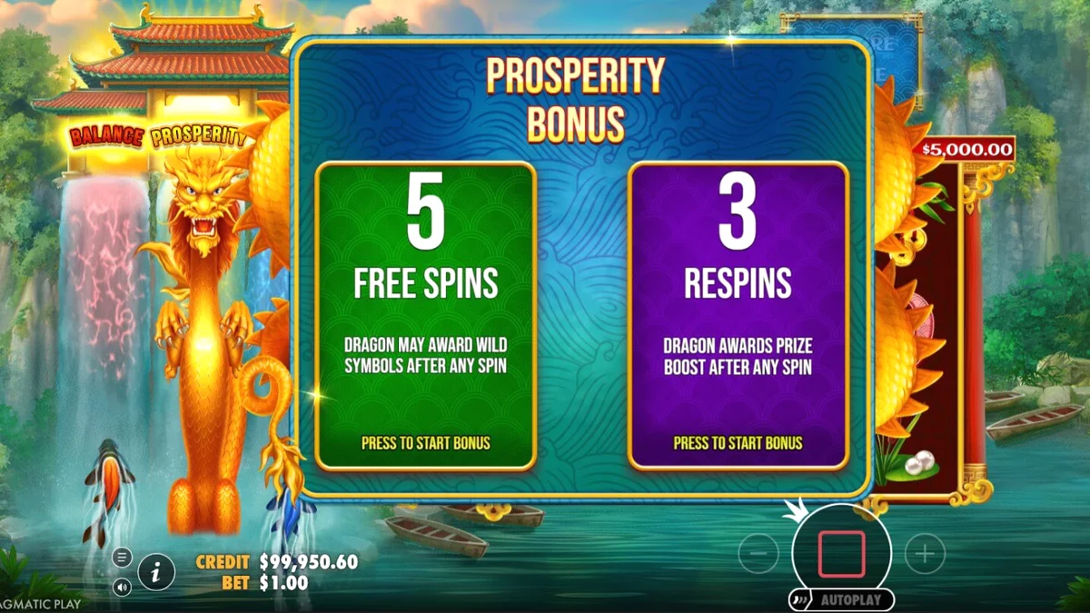Dragon’s Gate Bonus Choice স্লট গেমের একটি দৃশ্য যেখানে সোনালী ড্রাগন এবং লোটাস ফুল দেখা যাচ্ছে