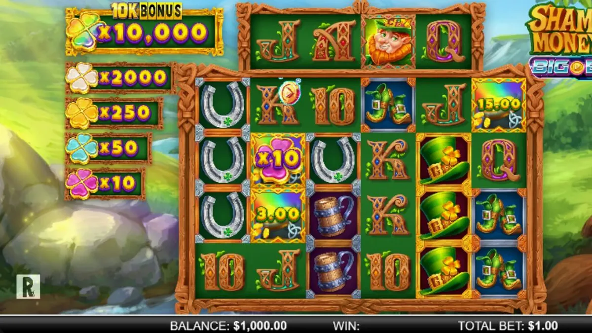 Shamrock Money Pot Big Bang স্লট গেমের ইন্টারফেস এবং মহাজাগতিক আইরিশ থিম